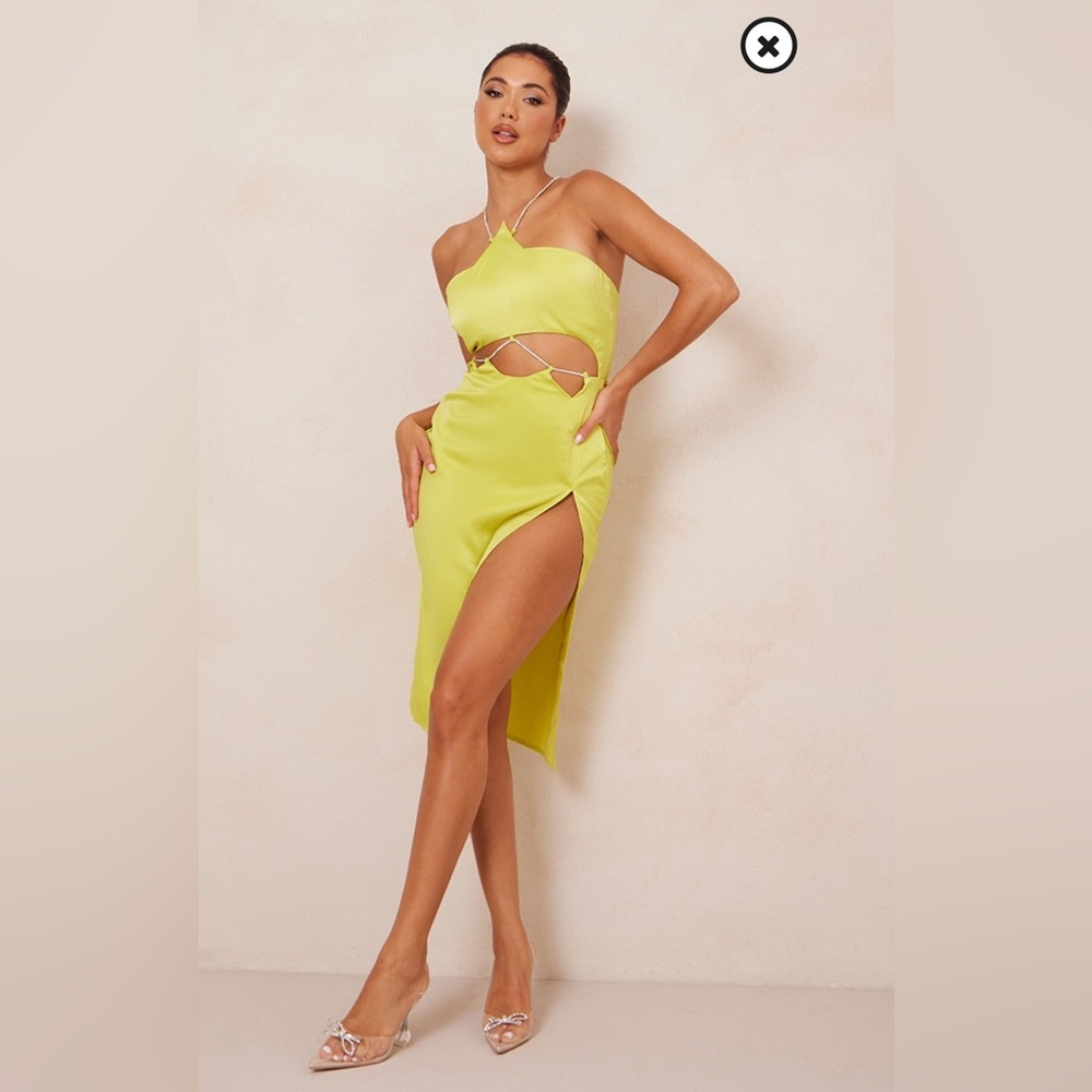 PLT. Chartreuse Satin Asymmetric Diamante Strap Midi Dress